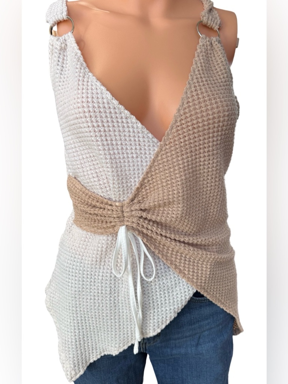 Two-Tone Waffle Knit Wrap Camisole in Cream and Tan